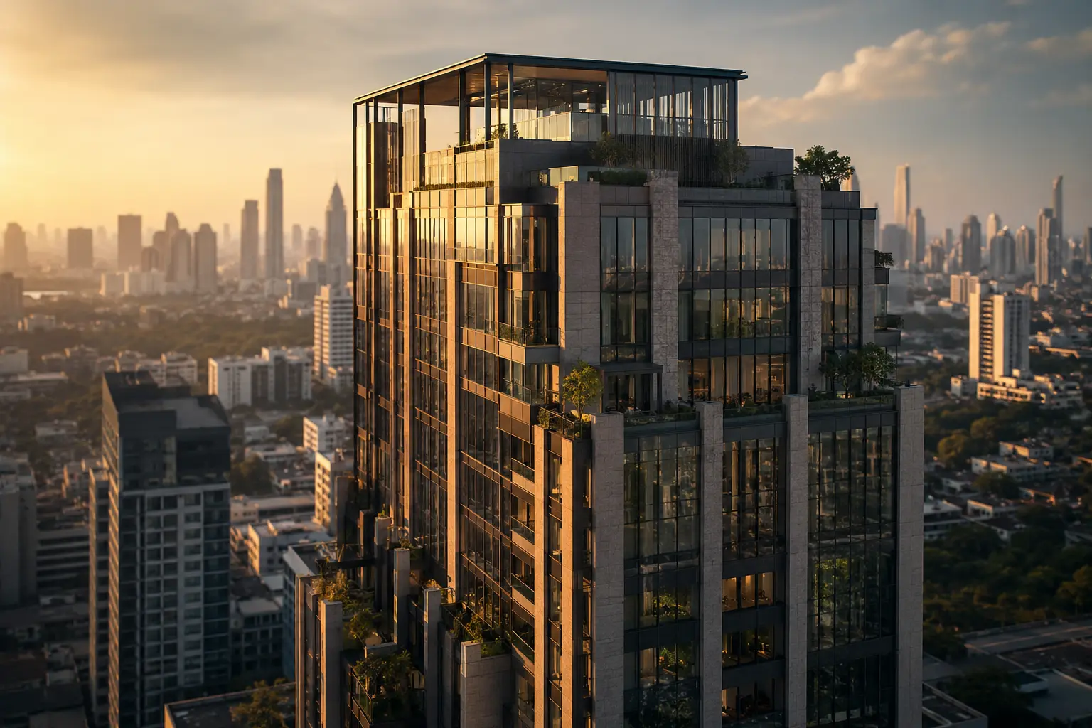Architectural drone photography Bangkok hero shot of high-rise tower at golden hour