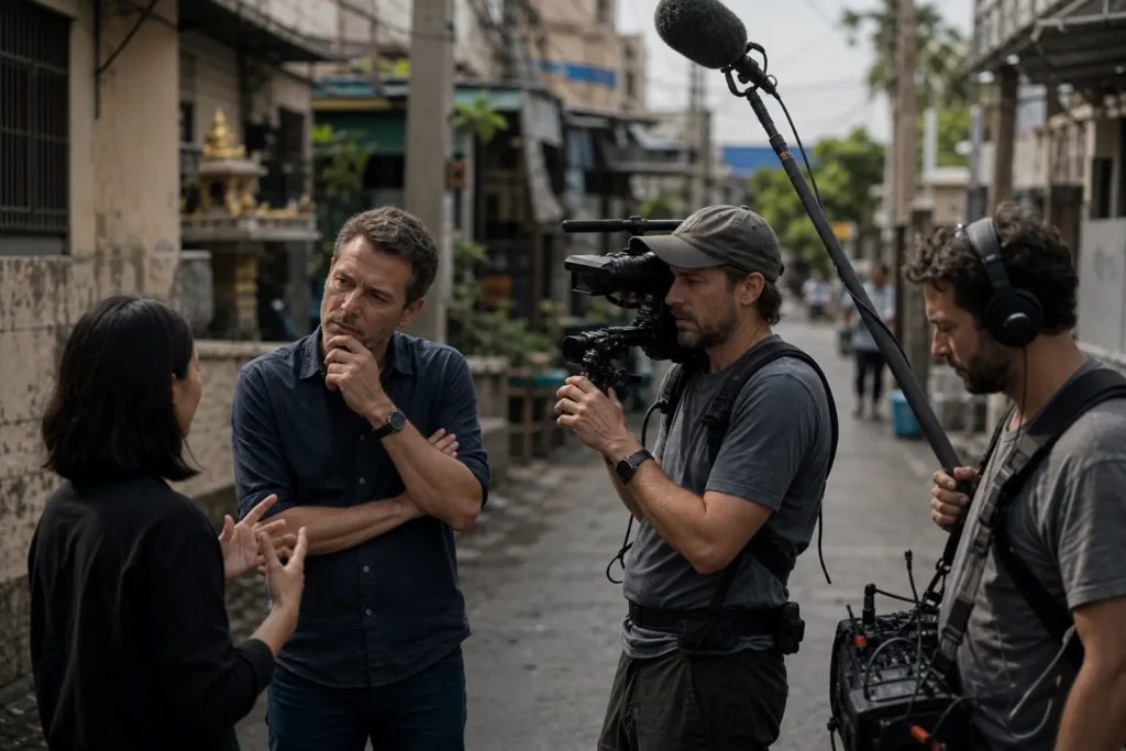 Documentary fixer Thailand on location with international news crew filming current affairs interview in Bangkok