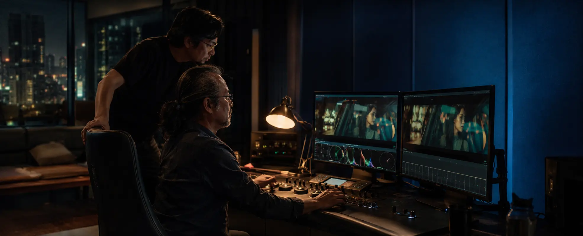 Thailand post-production rebate VFX suite in Bangkok with colourist and supervisor reviewing a shot