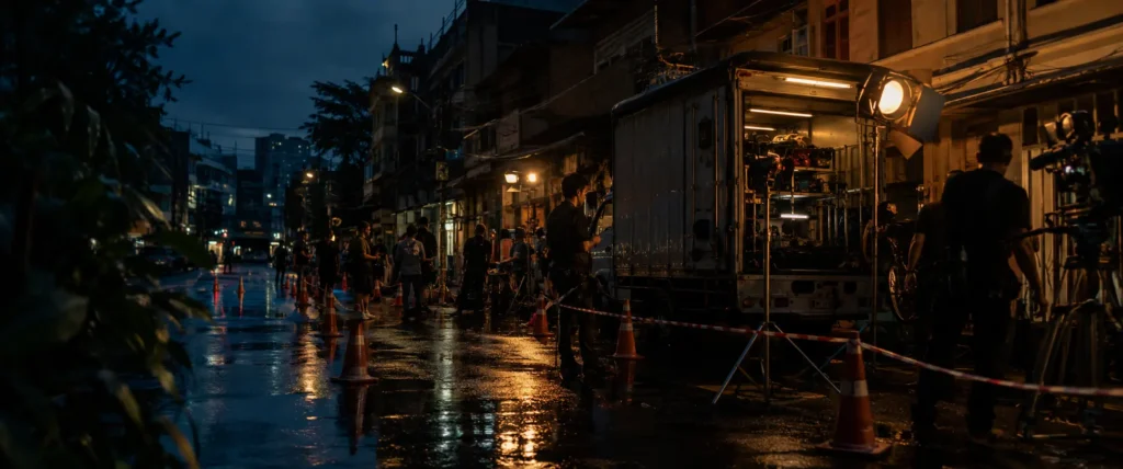 International film unit working behind a safety cordon on a Bangkok exterior set at dusk.