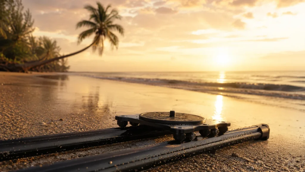 Camera slider on an empty Thai beach at dawn during a tourism film production shoot