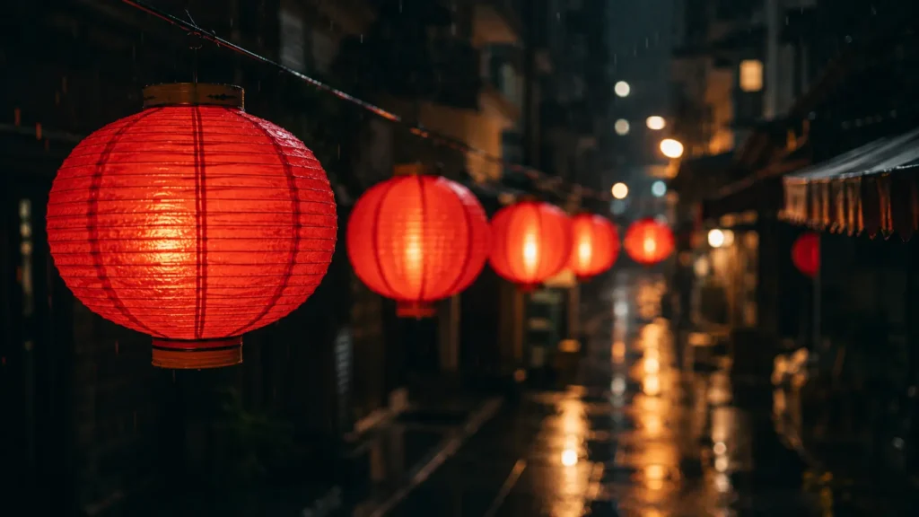 Lantern-lit Bangkok alley at night representing Chinese productions in Thailand