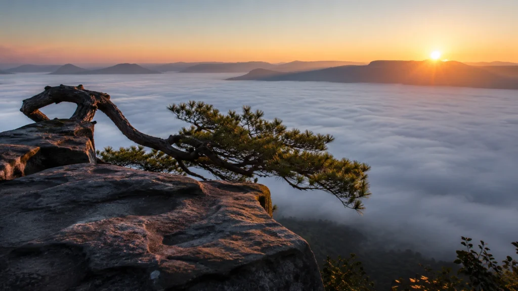 Sea of mist below highland pine cliffs at sunrise, filming in Loei Thailand