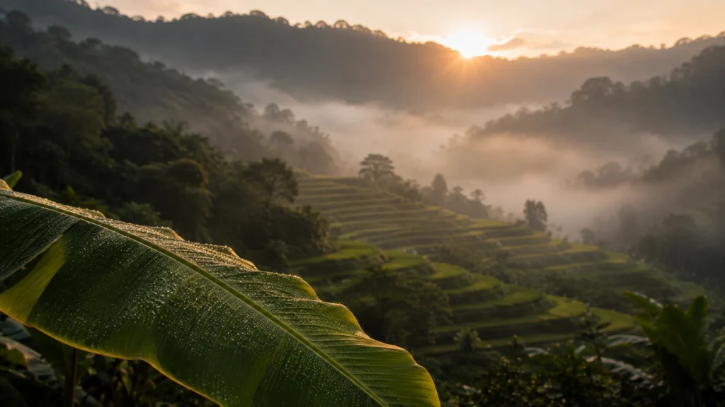 Misty terraced rice valley in northern Thailand, filming in Nan