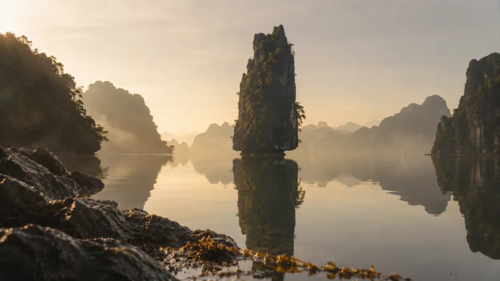 Limestone karst reflected in still water at dawn, filming in Phang Nga Bay
