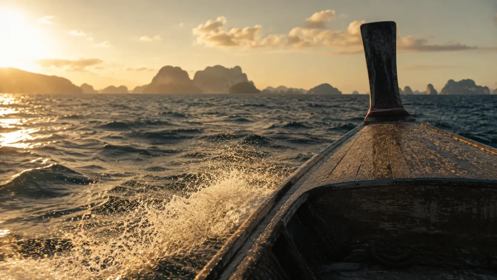 Longtail boat crossing open ocean toward Tarutao islands, filming in Satun Thailand