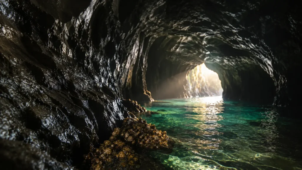 Tidal sea cave interior on the Trang coast, filming in Trang Thailand
