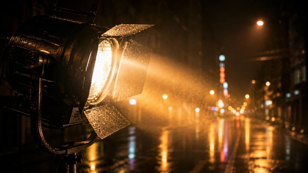 HMI lamp cutting through haze on a wet Bangkok street during night filming in Thailand