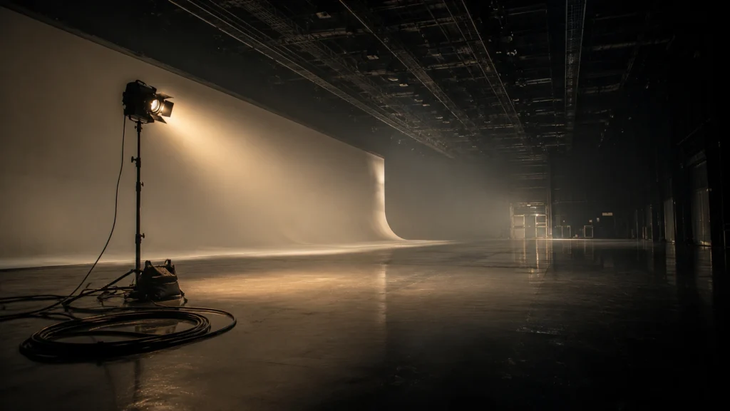 Empty soundstage with cyclorama wall at a Thailand film studio