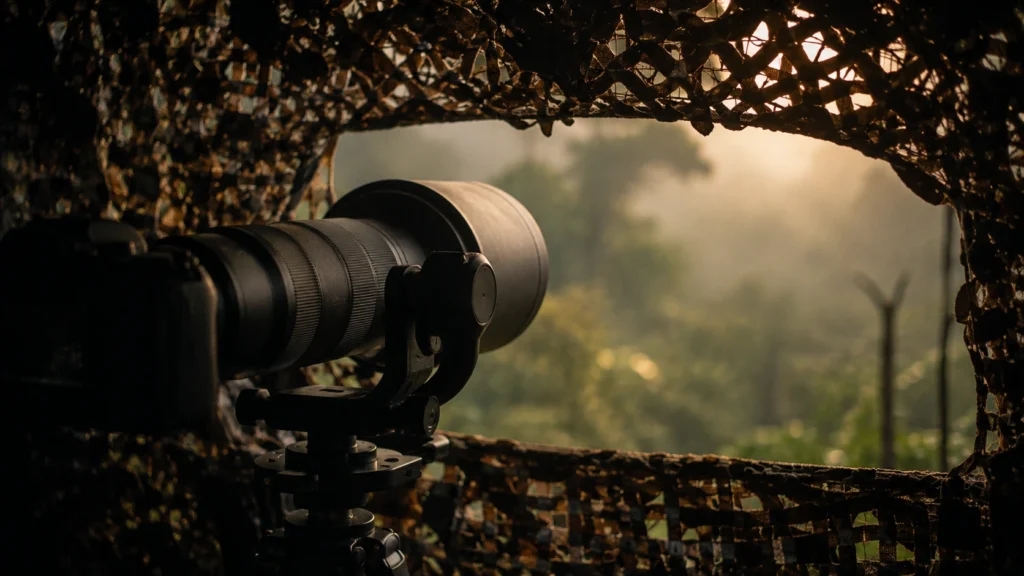 Telephoto lens in a jungle hide set up for wildlife filming in Thailand